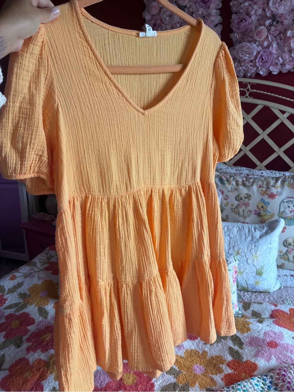 V-Neck Tiered Short Sleeve Top in Peach Orange